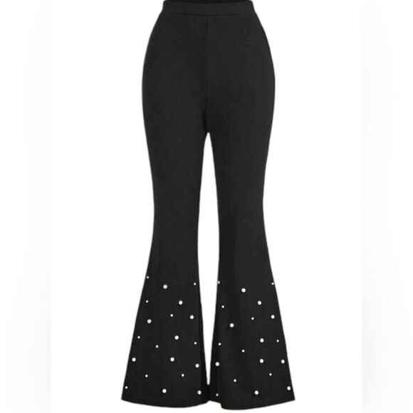SHEIN NEW PRIVE PEARLS BEADED FLARE PEG PANTS BLACK  LARGE 8-10 - Picture 5 of 6